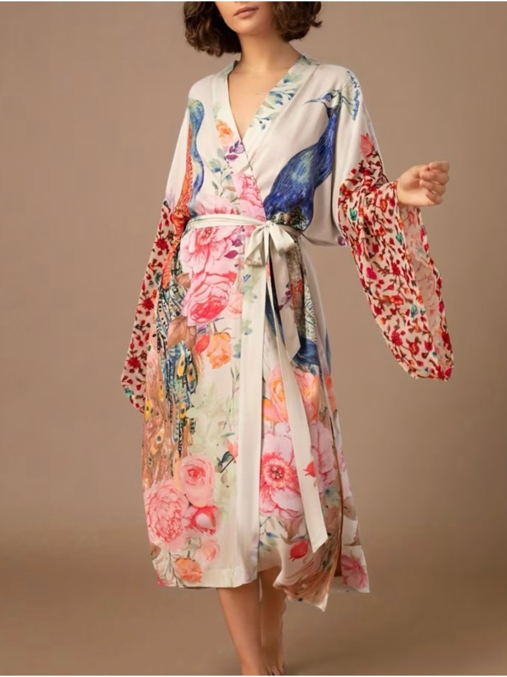 Floral & Peacock  Kimono Robe in Cream and Pink